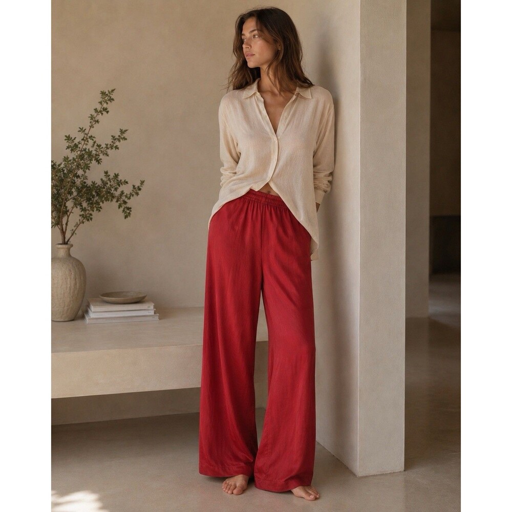 Morgan Taylor Intimates 100% Silk Pants Womens L Red Pajama Lounge Elastic Waist